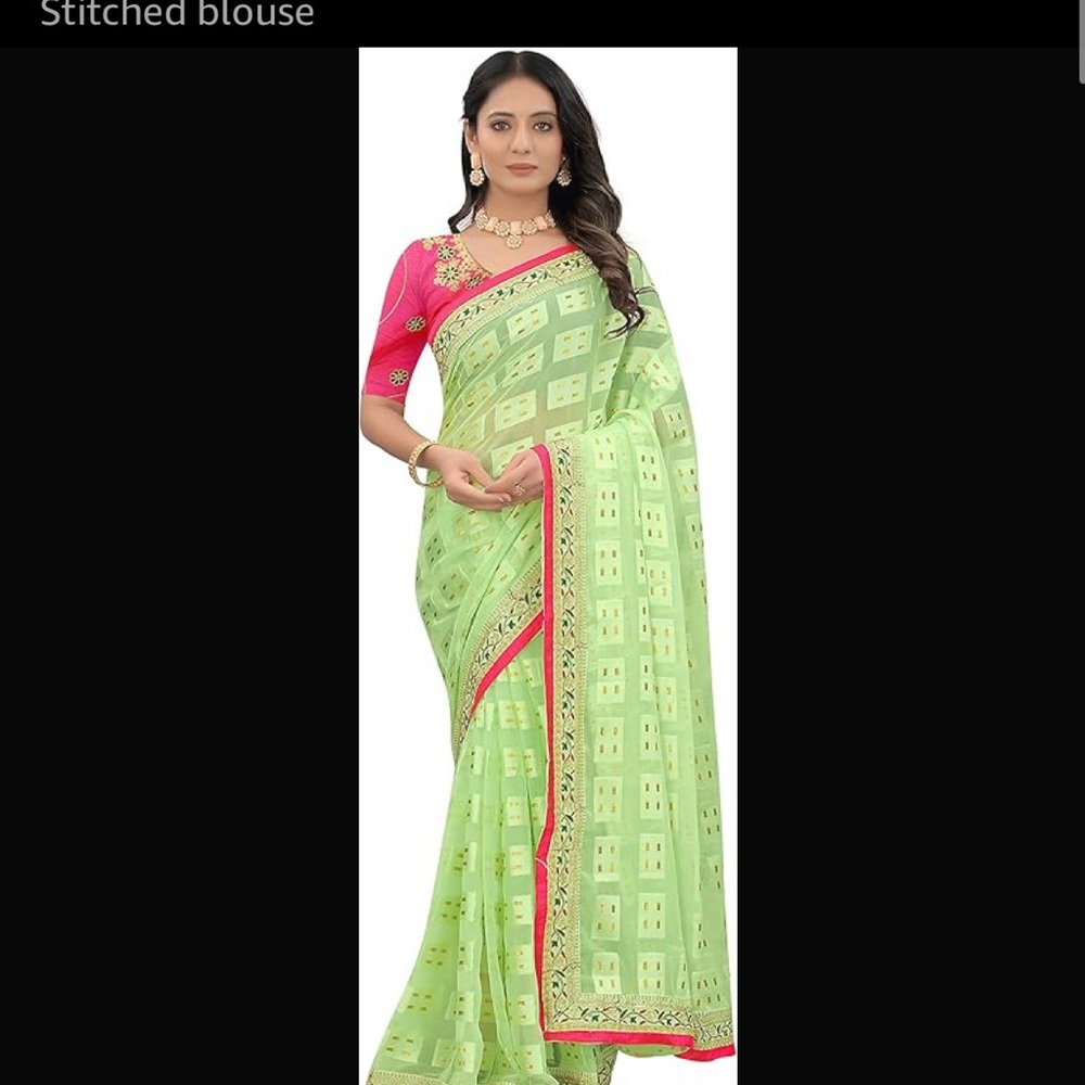 Green and Pink Saree with Stitched Blouse